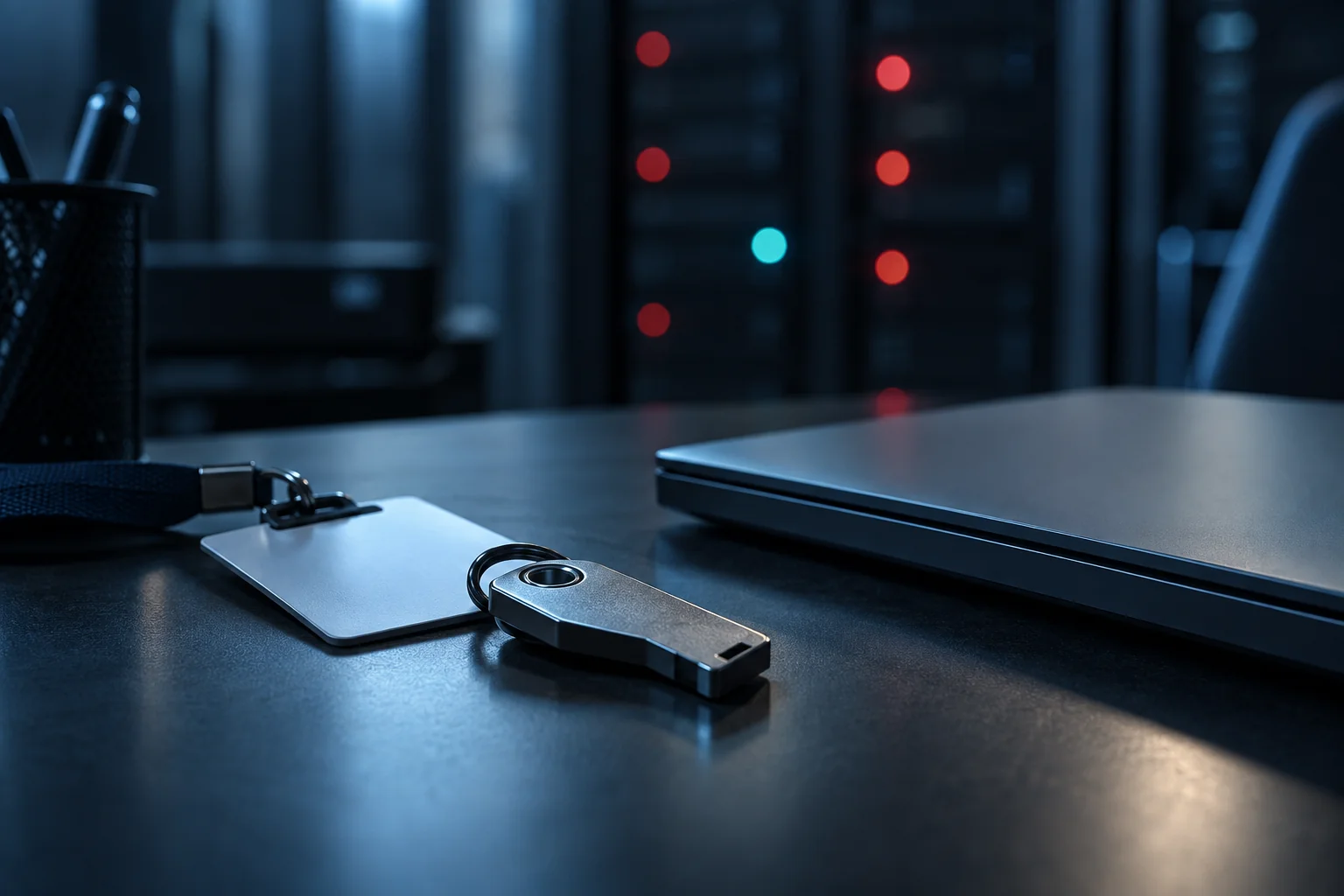 Illustrative close-up of a security key beside an unmarked helpdesk laptop