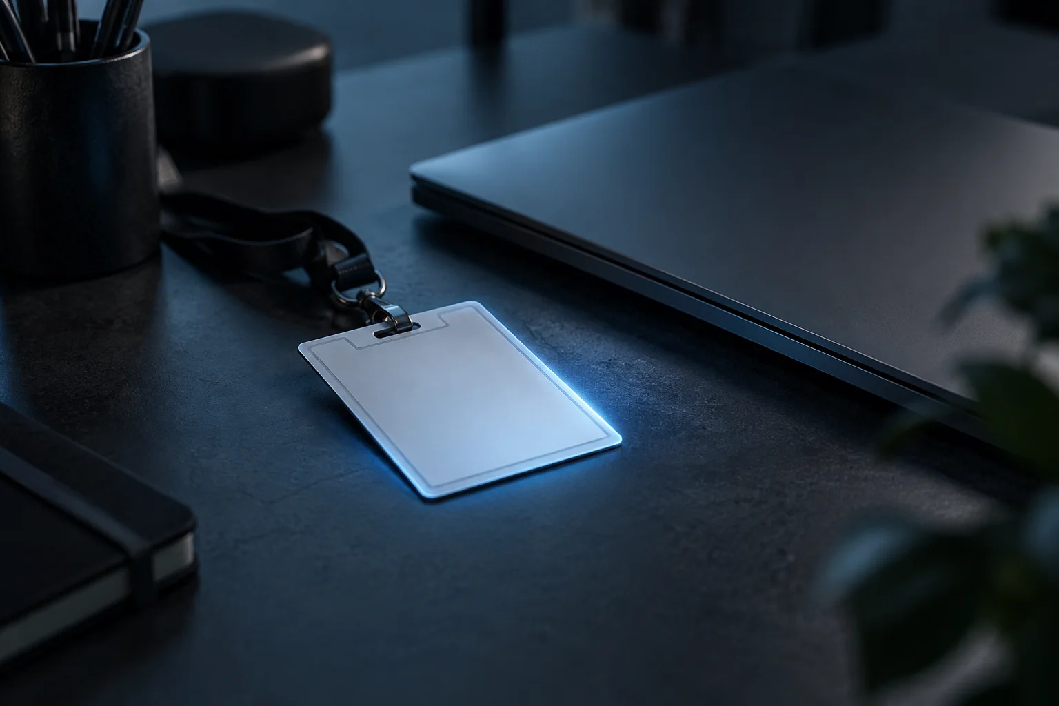 Illustrative close-up of an unmarked access badge next to a blank workstation