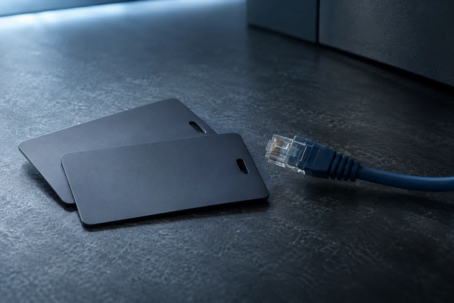 Illustrative close-up of separate access cards beside a disconnected cable