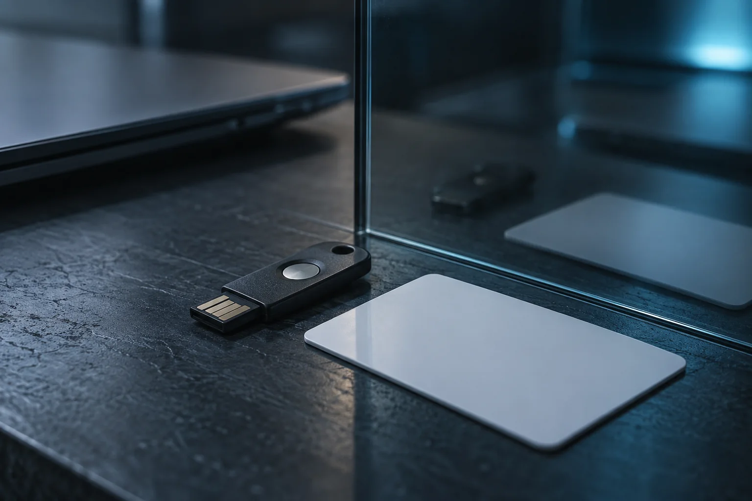 Illustrative close-up of a blank access card and security key behind glass