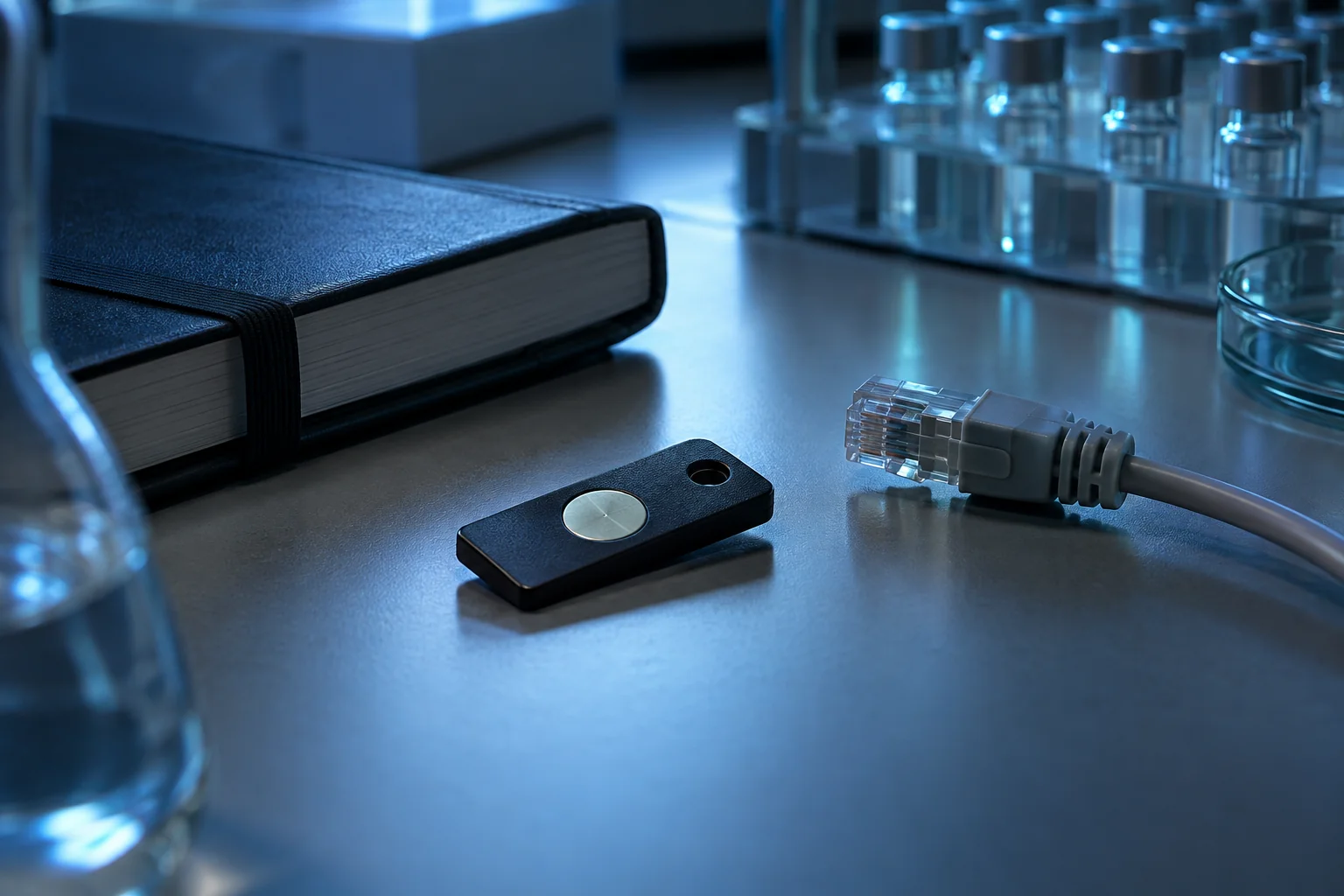 Illustrative close-up of an access token and disconnected cable in a laboratory workspace
