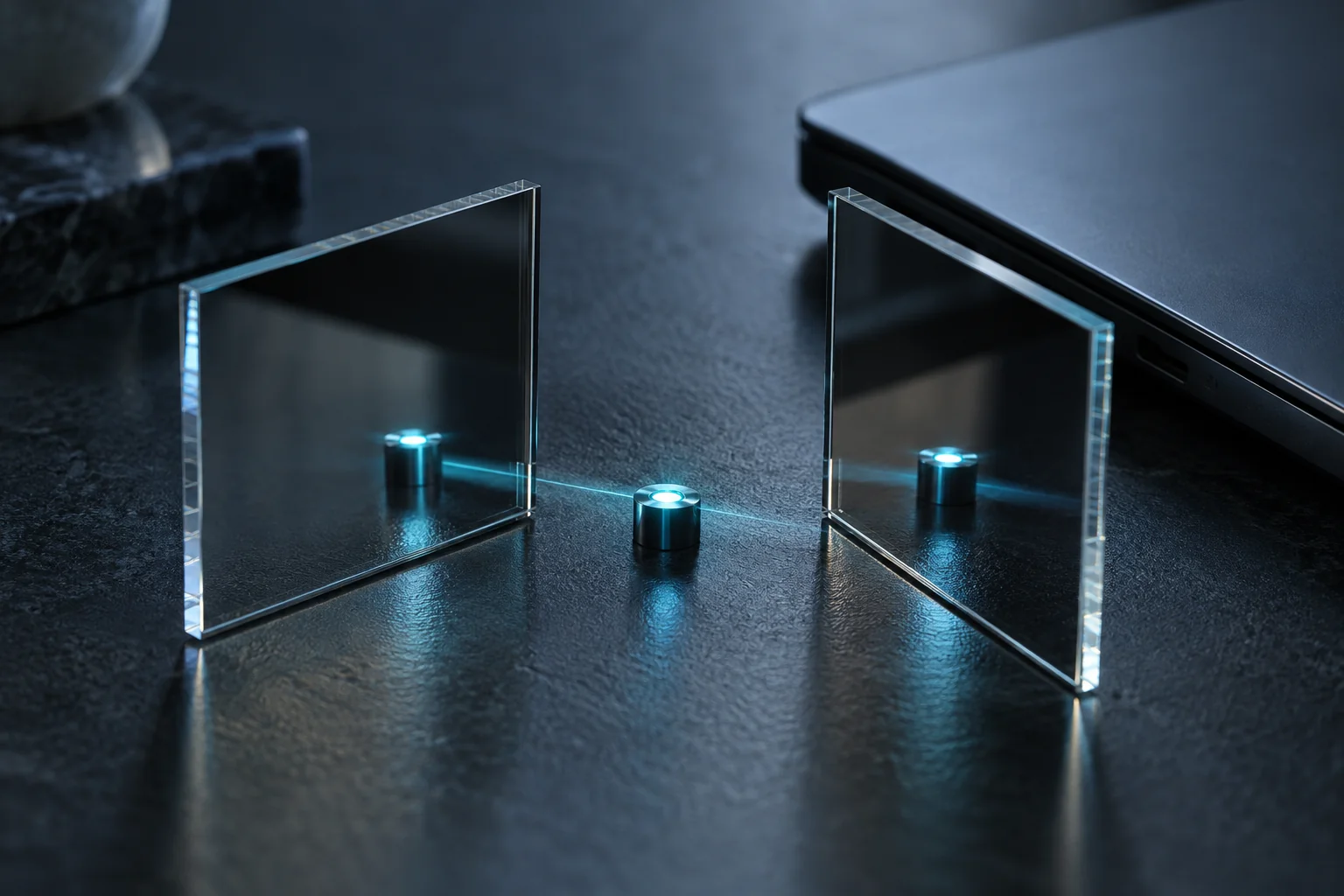 Illustrative translucent panes and small light suggesting detection of a cloned page