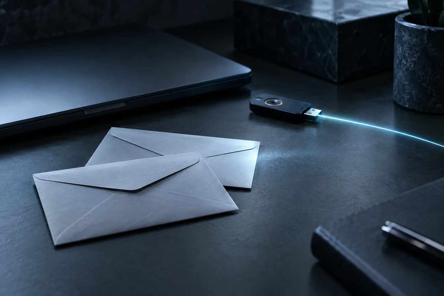 Illustrative close-up of sealed unmarked correspondence near an access device