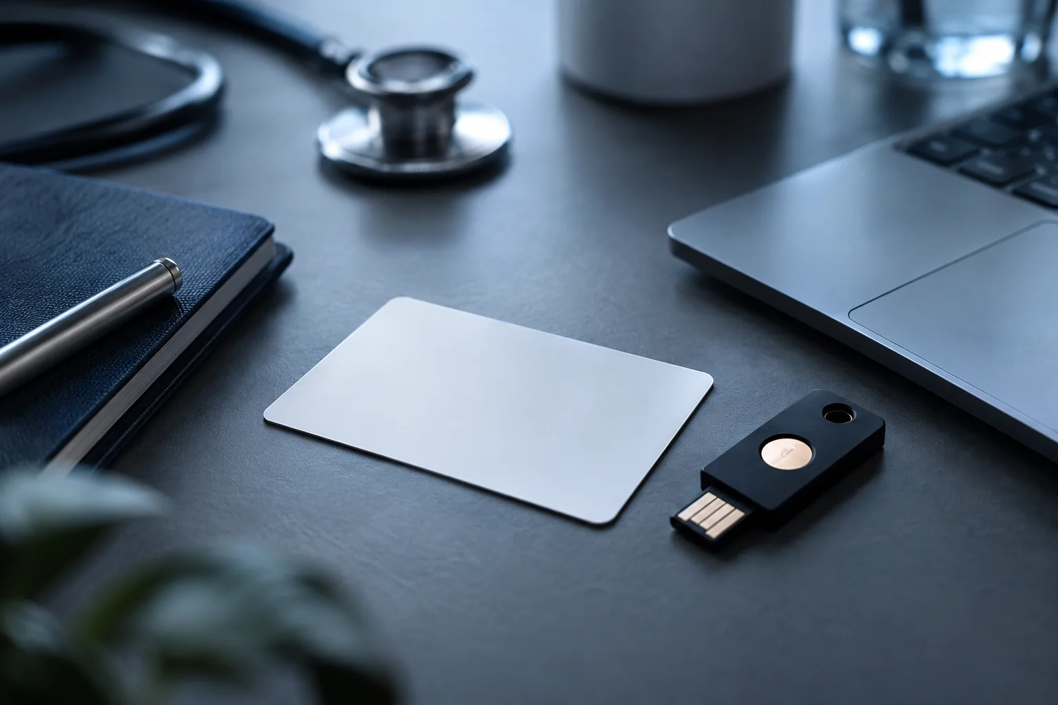 Illustrative close-up of a blank patient-services card and unmarked security key