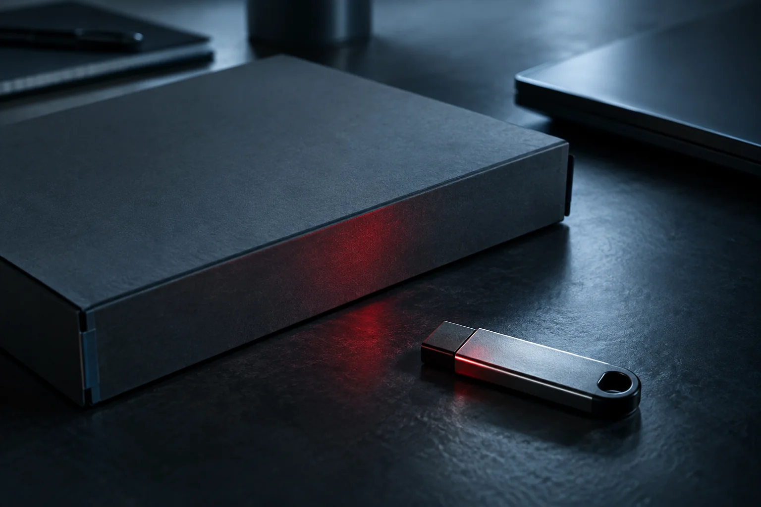 Illustrative close-up of a blank shared-file artifact with a restrained warning reflection
