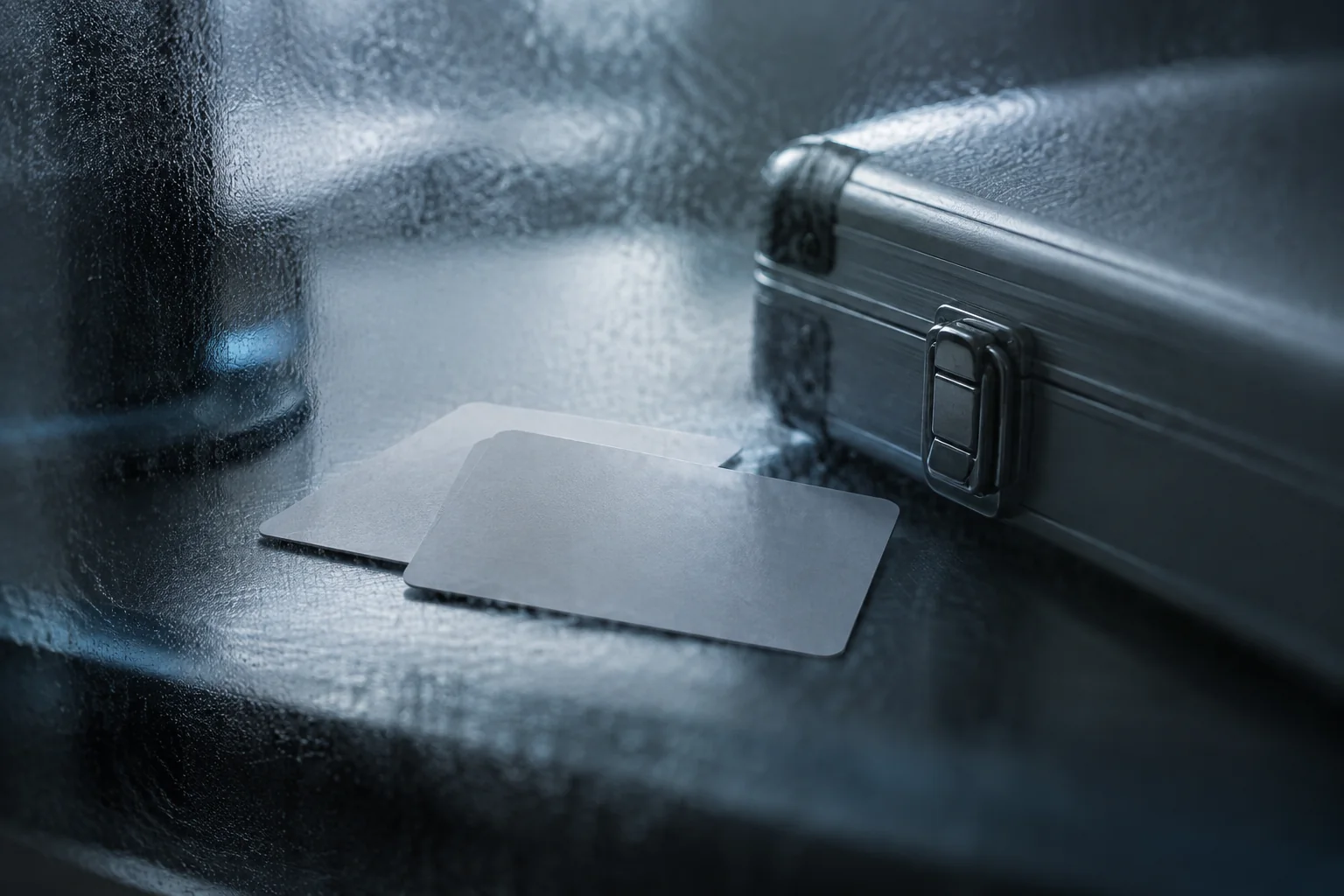 Illustrative close-up of two unmarked access cards and a sealed transfer case
